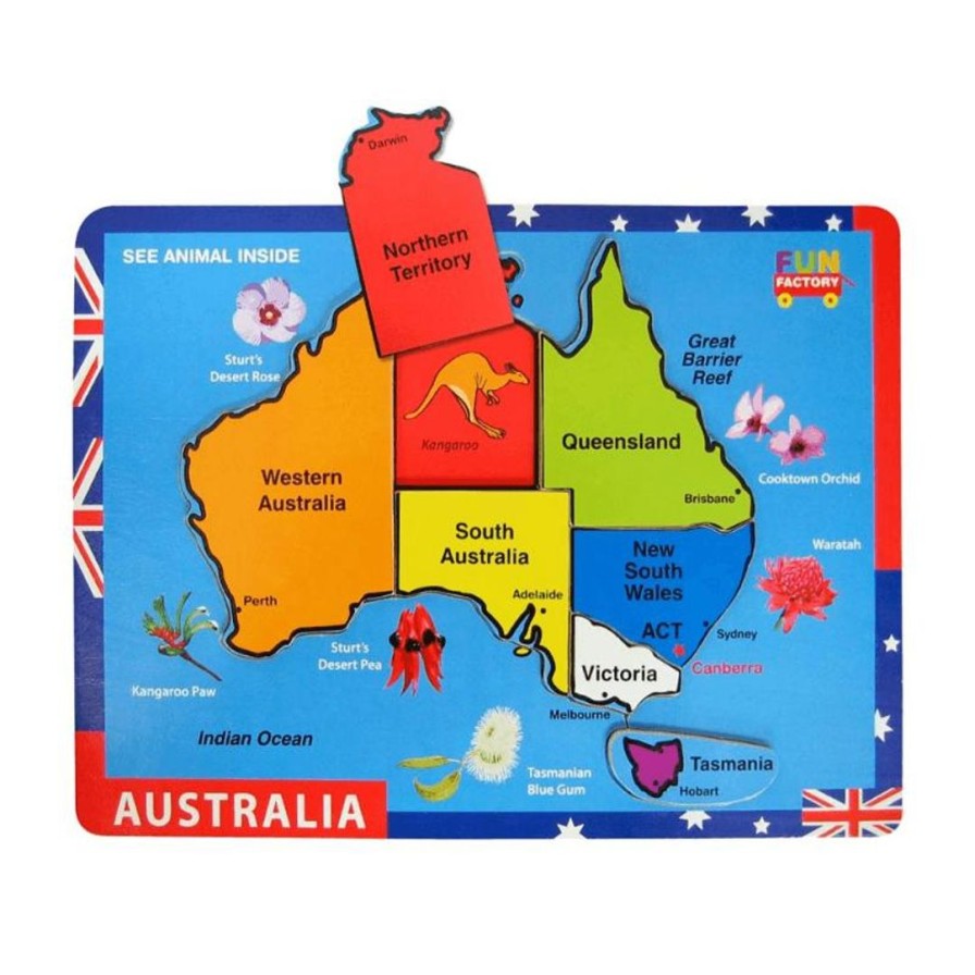 Wooden Toys Fun Factory Jigsaw Puzzles | Raised Colourful Map Of Australia Puzzle