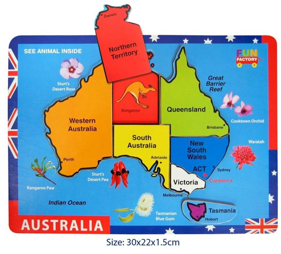 Wooden Toys Fun Factory Jigsaw Puzzles | Raised Colourful Map Of Australia Puzzle