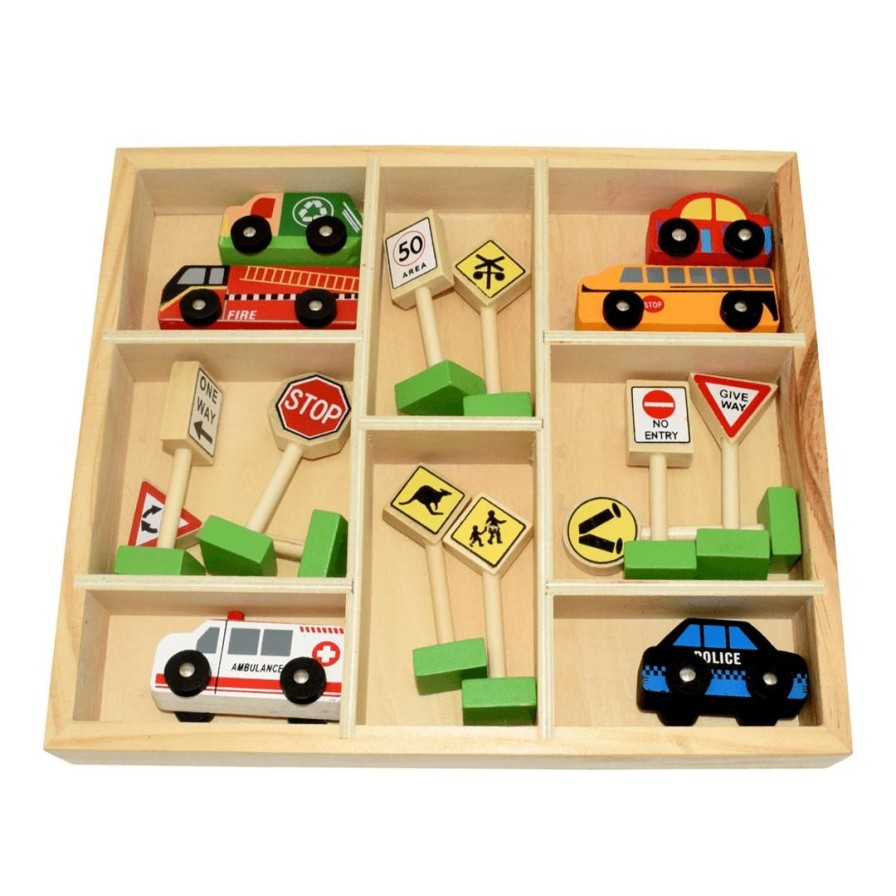 Wooden Toys Fun Factory Cars & Trucks | Wooden Car & Traffic Sign Set In A Tray