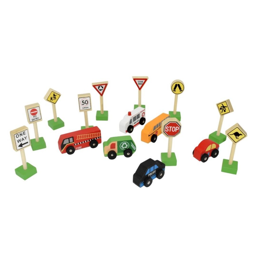 Wooden Toys Fun Factory Cars & Trucks | Wooden Car & Traffic Sign Set In A Tray