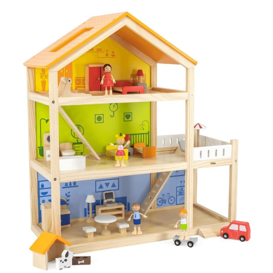 Wooden Toys Viga Dolls & Dollhouses | Colourful 3 Level Wooden Doll House