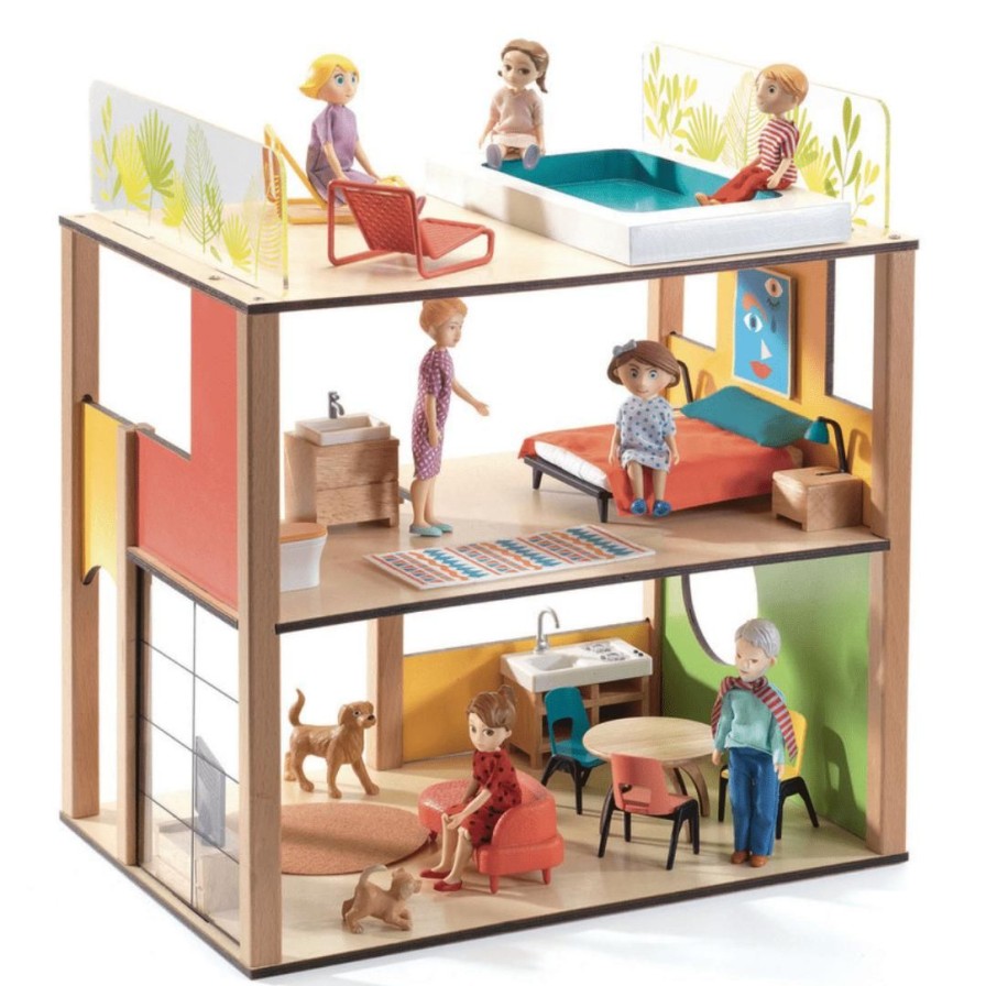 Wooden Toys Djeco Dolls & Dollhouses | City House Doll'S House With Furniture