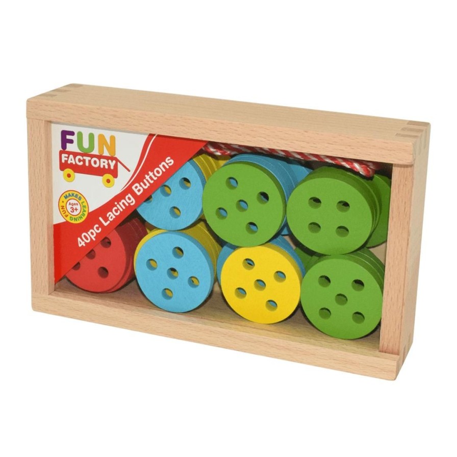 Wooden Toys Fun Factory Fine Motor Skills | Lacing Buttons-40 Piece