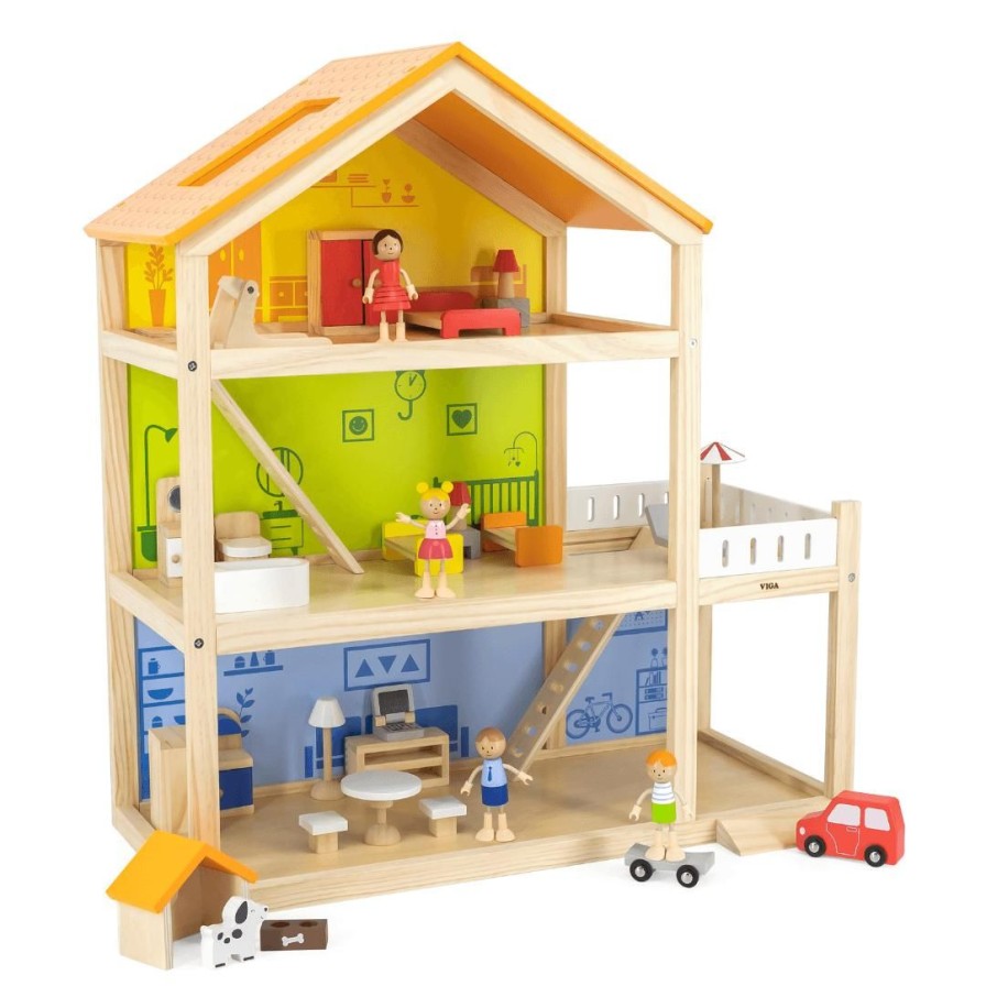 Wooden Toys Viga Pretend Play | Colourful 3 Level Wooden Doll House