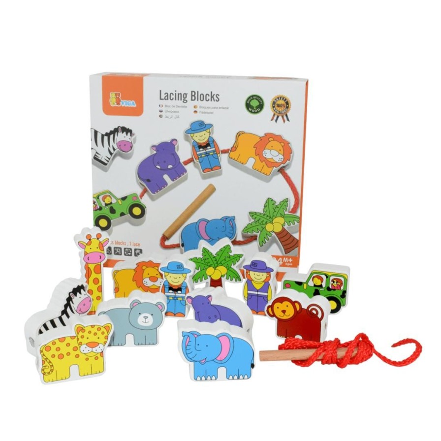 Wooden Toys Viga Threading & Tracing | Lacing Blocks-Wild Animals