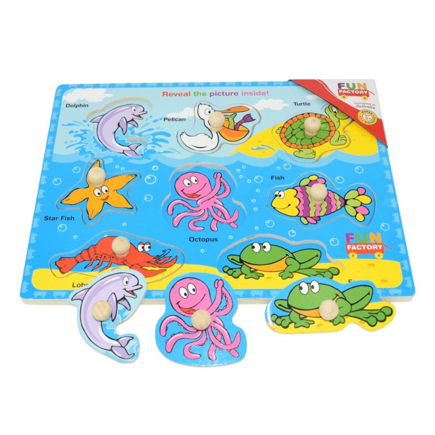 Wooden Toys Fun Factory Peg Puzzles | Colourful Sealife Puzzle With Knobs