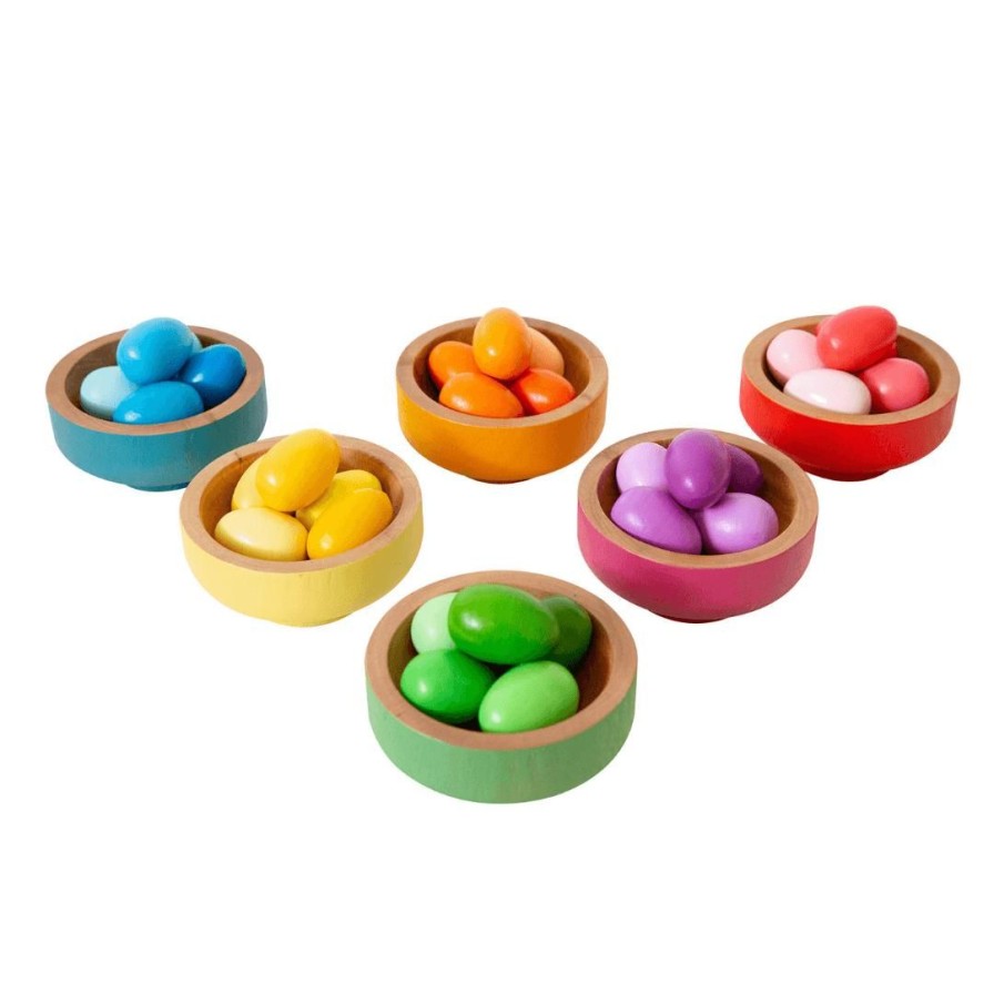 Wooden Toys Freckled Frog Shapes & Colours | Rainbow Nesting Bowls With Eggs