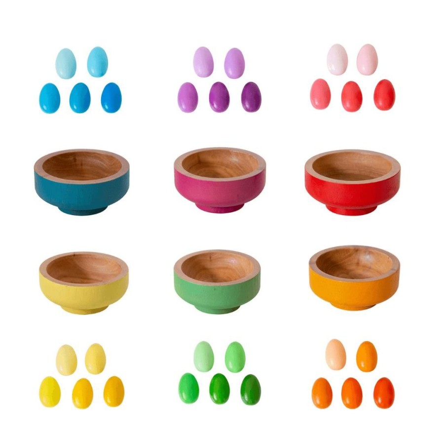 Wooden Toys Freckled Frog Shapes & Colours | Rainbow Nesting Bowls With Eggs