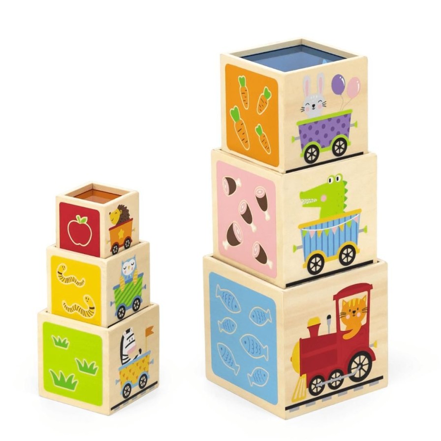 Wooden Toys Viga Fine Motor Skills | Nesting & Stacking Cubes With Rainbow Panel