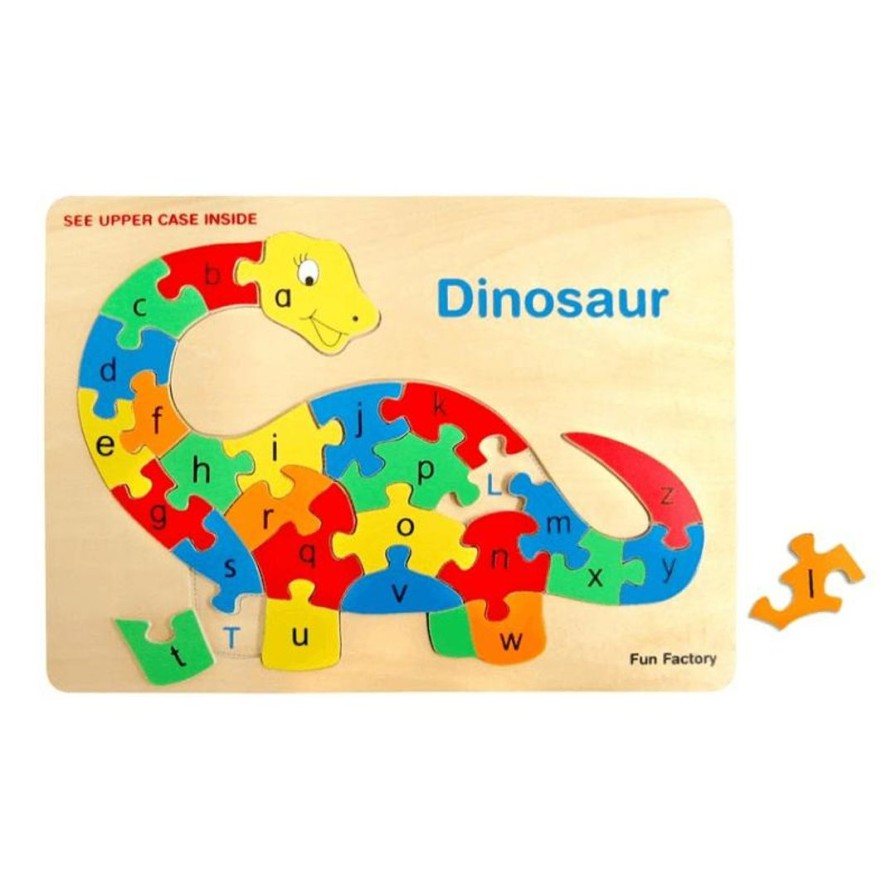 Wooden Toys Fun Factory Puzzles | Raised Wooden Dinosaur Alphabet Puzzle