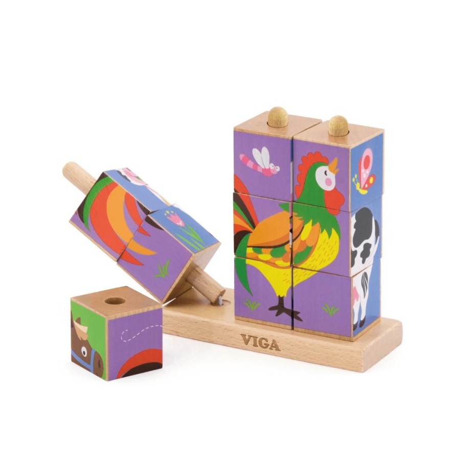 Wooden Toys Viga Animal Puzzles | Stacking Farm Cube Puzzle