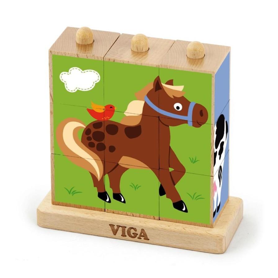 Wooden Toys Viga Animal Puzzles | Stacking Farm Cube Puzzle