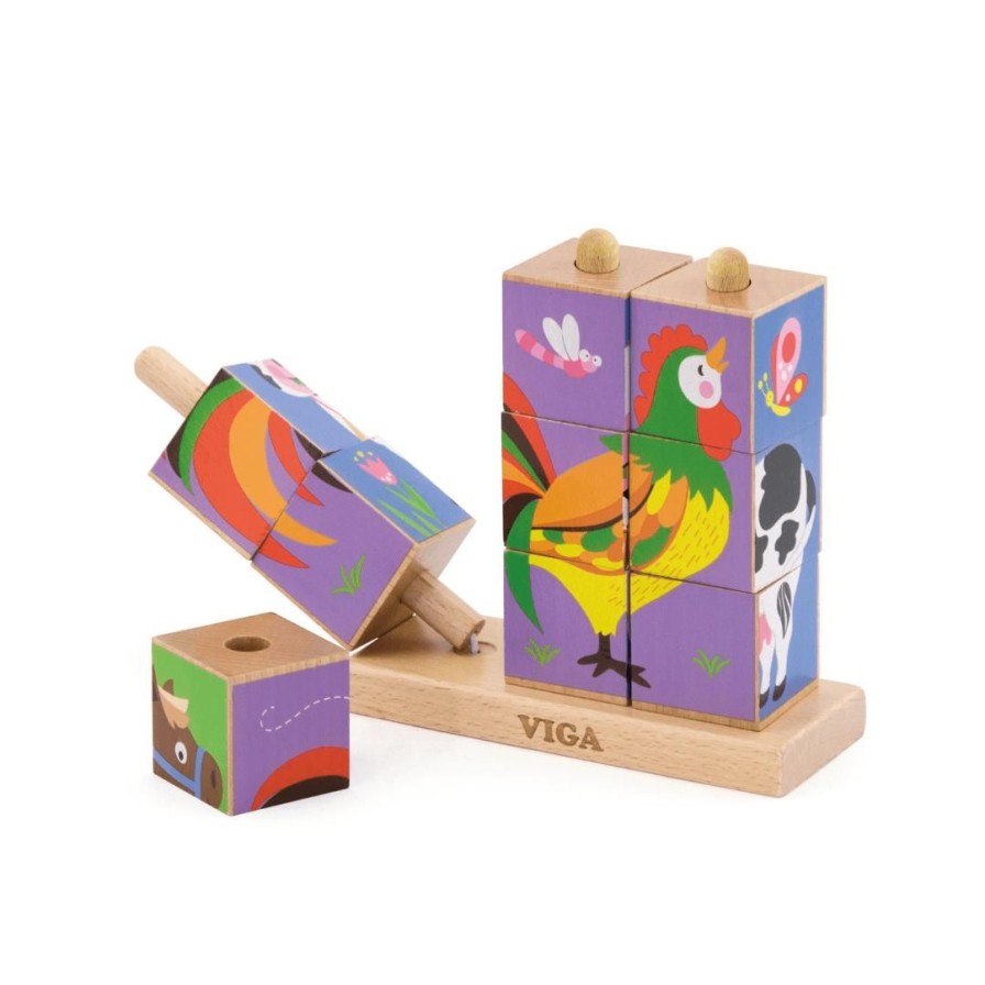 Wooden Toys Viga Fine Motor Skills | Stacking Farm Cube Puzzle