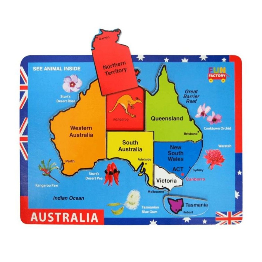 Wooden Toys Fun Factory Montessori Toys | Raised Colourful Map Of Australia Puzzle