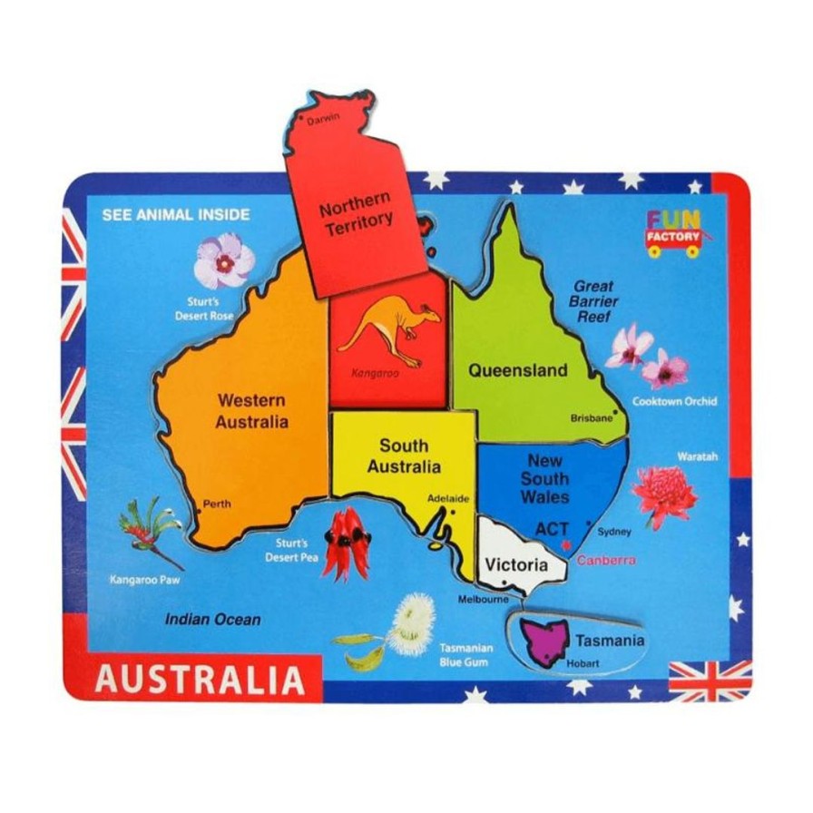 Wooden Toys Fun Factory Puzzles | Raised Colourful Map Of Australia Puzzle