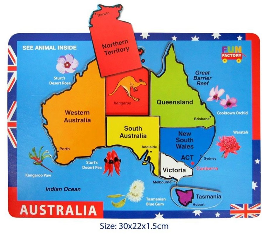 Wooden Toys Fun Factory Puzzles | Raised Colourful Map Of Australia Puzzle