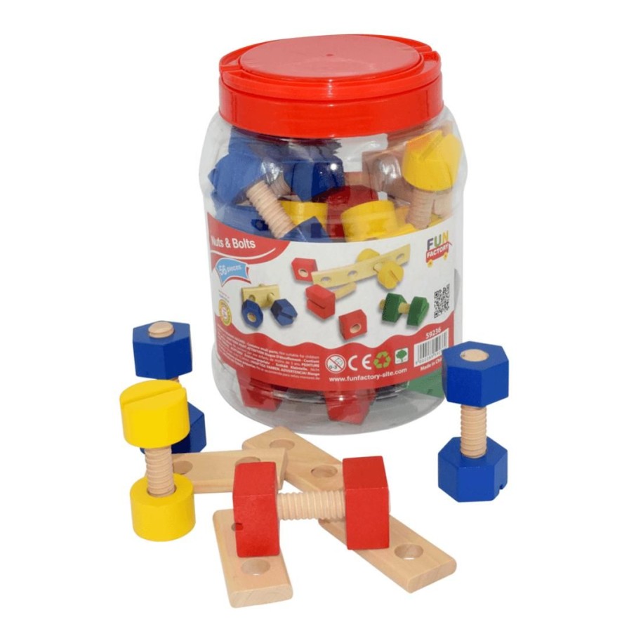 Wooden Toys Fun Factory Shapes & Colours | Wooden Nuts & Bolts In A Jar-56 Piece