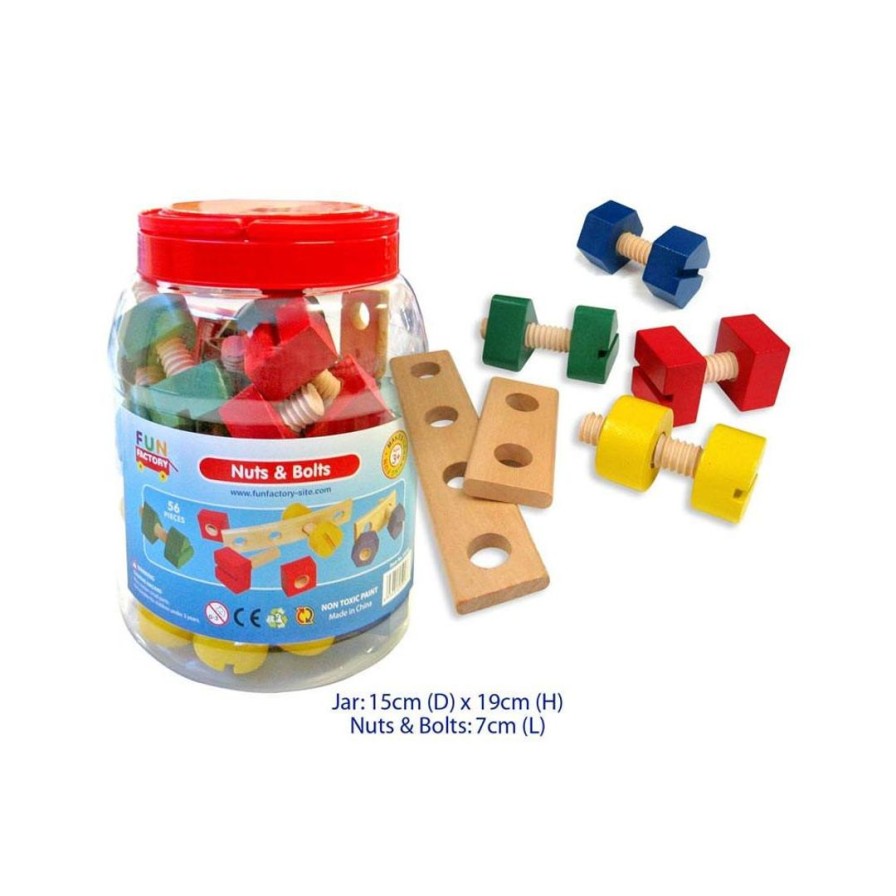 Wooden Toys Fun Factory Shapes & Colours | Wooden Nuts & Bolts In A Jar-56 Piece