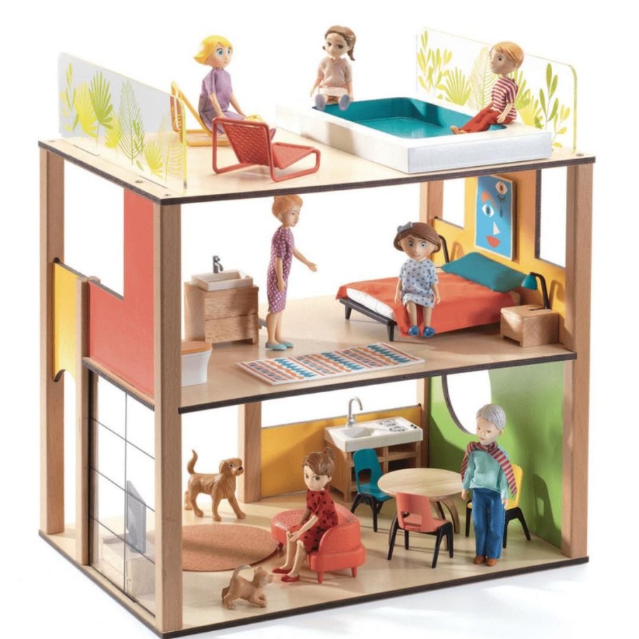 Wooden Toys Djeco Baby & Toddler Puzzles | City House Doll'S House With Furniture