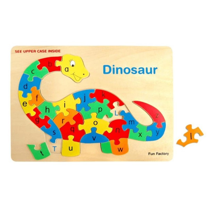 Wooden Toys Fun Factory Jigsaw Puzzles | Raised Wooden Dinosaur Alphabet Puzzle