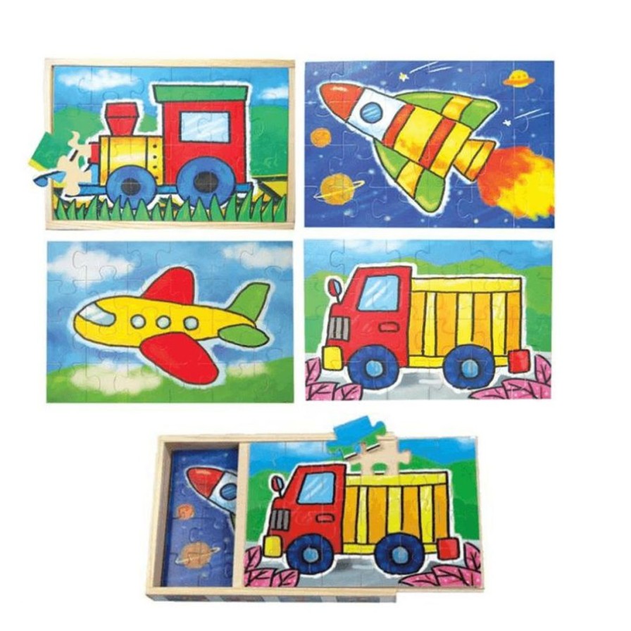 Wooden Toys Fun Factory Baby & Toddler Puzzles | Box Of 4 Vehicle Puzzles-24 Pieces Each