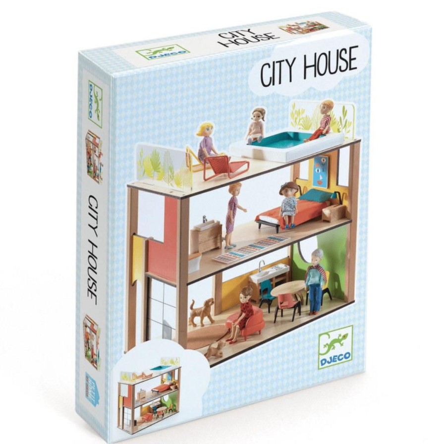 Wooden Toys Djeco Gross Motor Skills | City House Doll'S House With Furniture