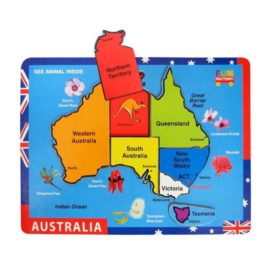 Wooden Toys Fun Factory Fine Motor Skills | Raised Colourful Map Of Australia Puzzle