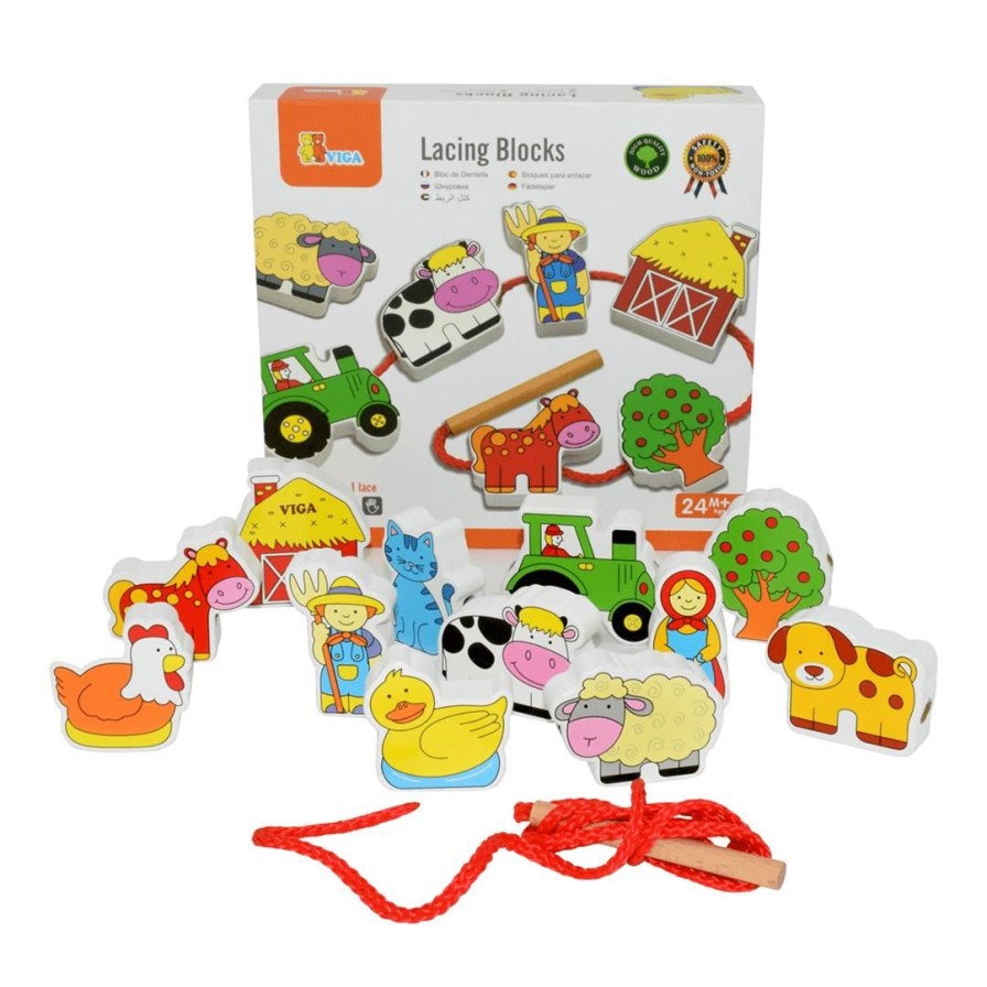 Wooden Toys Viga Threading & Tracing | Lacing Blocks-Farm