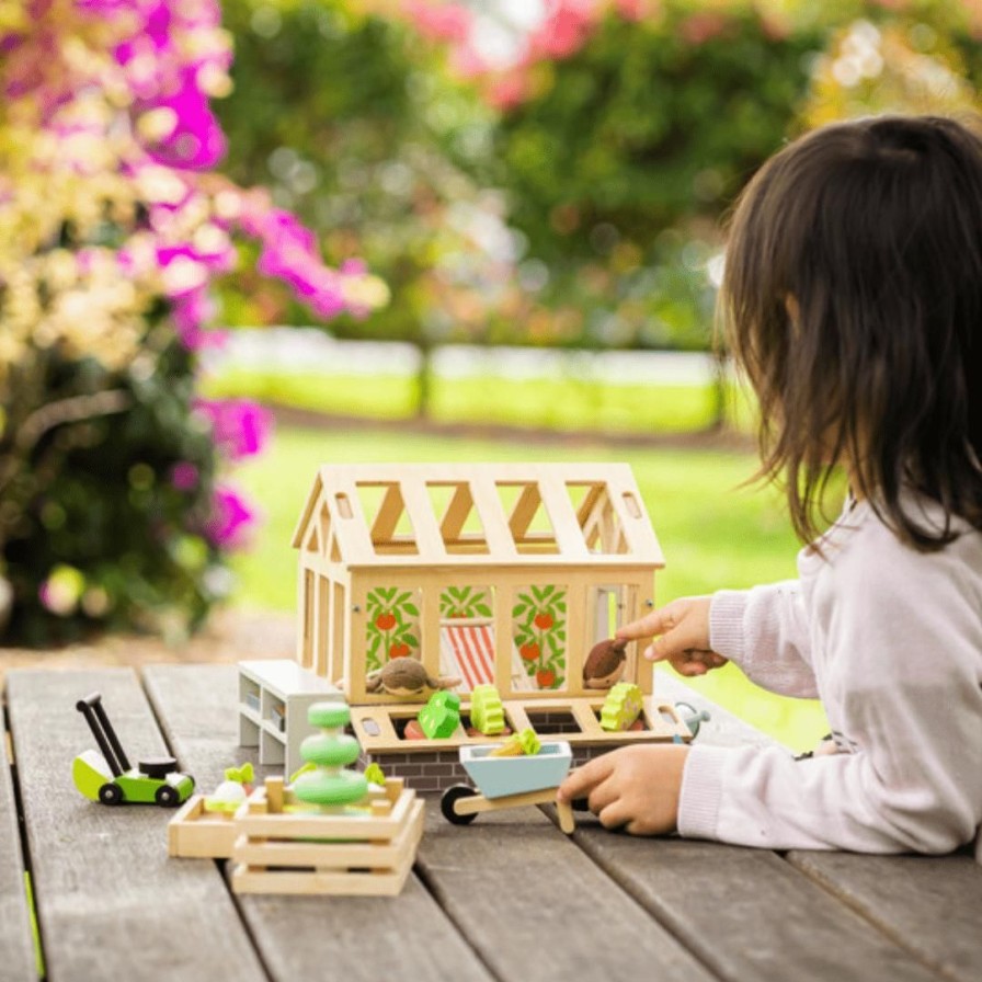 Wooden Toys Tender Leaf Toys Gross Motor Skills | Greenhouse Playset With Garden