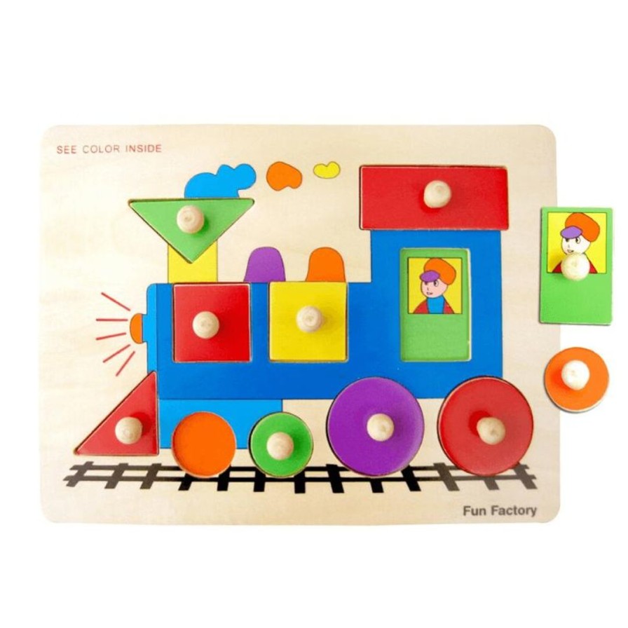 Wooden Toys Fun Factory Shapes & Colours | Wooden Train Puzzle With Knobs