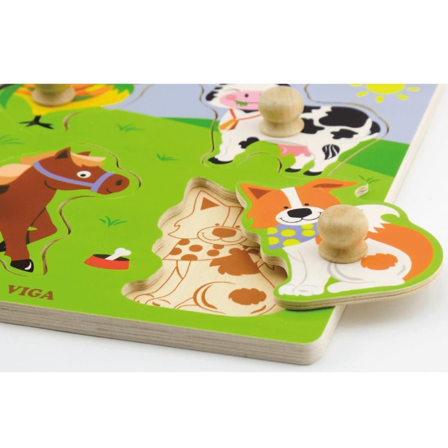 Wooden Toys Viga Animal Puzzles | Big Knob Puzzle-Farm Animals