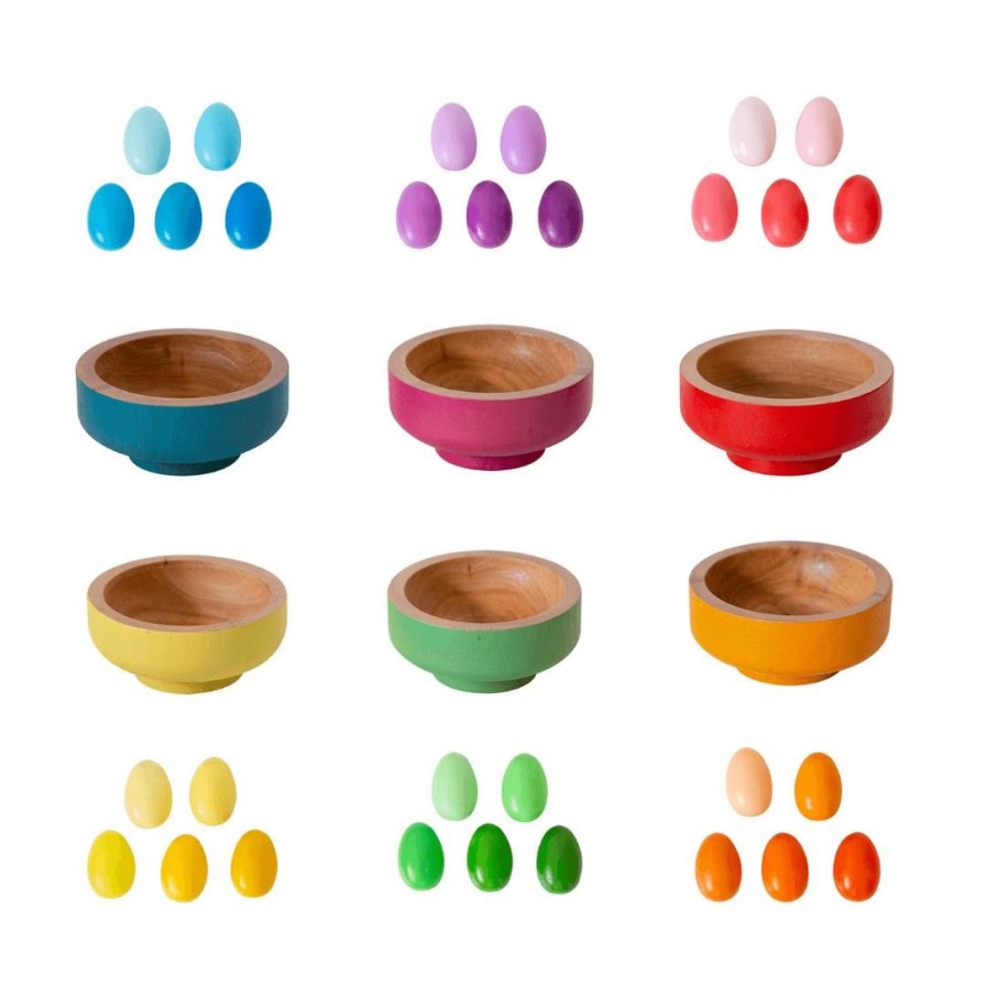 Wooden Toys Freckled Frog Montessori Toys | Rainbow Nesting Bowls With Eggs