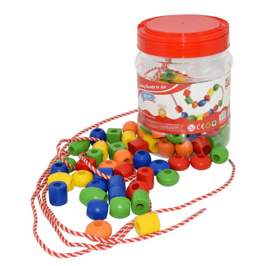 Wooden Toys Fun Factory Threading & Tracing | Lacing Beads In A Jar-90 Wooden Pieces