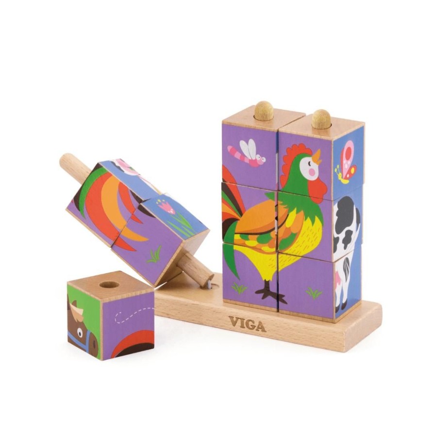 Wooden Toys Viga Cube Puzzles | Stacking Farm Cube Puzzle