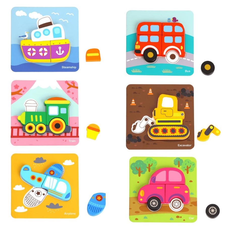 Wooden Toys Tooky Toy Shapes & Colours | Set Of 6 Vehicle Puzzles