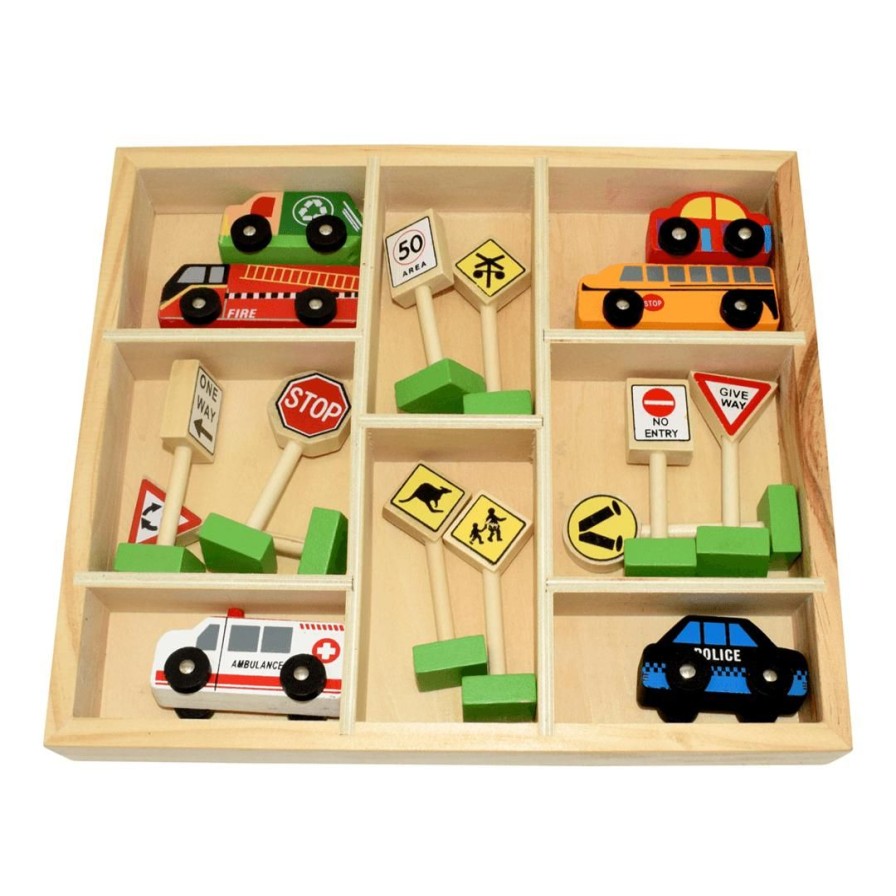 Wooden Toys Fun Factory Pretend Play | Wooden Car & Traffic Sign Set In A Tray