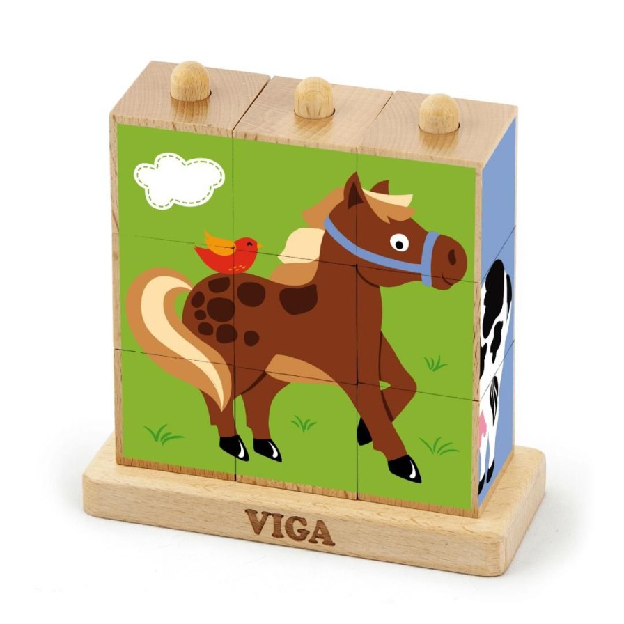 Wooden Toys Viga Montessori Toys | Stacking Farm Cube Puzzle