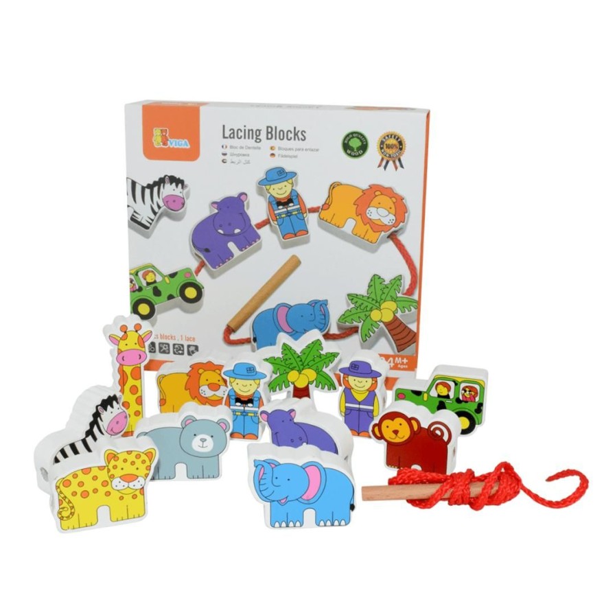 Wooden Toys Viga Animals | Lacing Blocks-Wild Animals