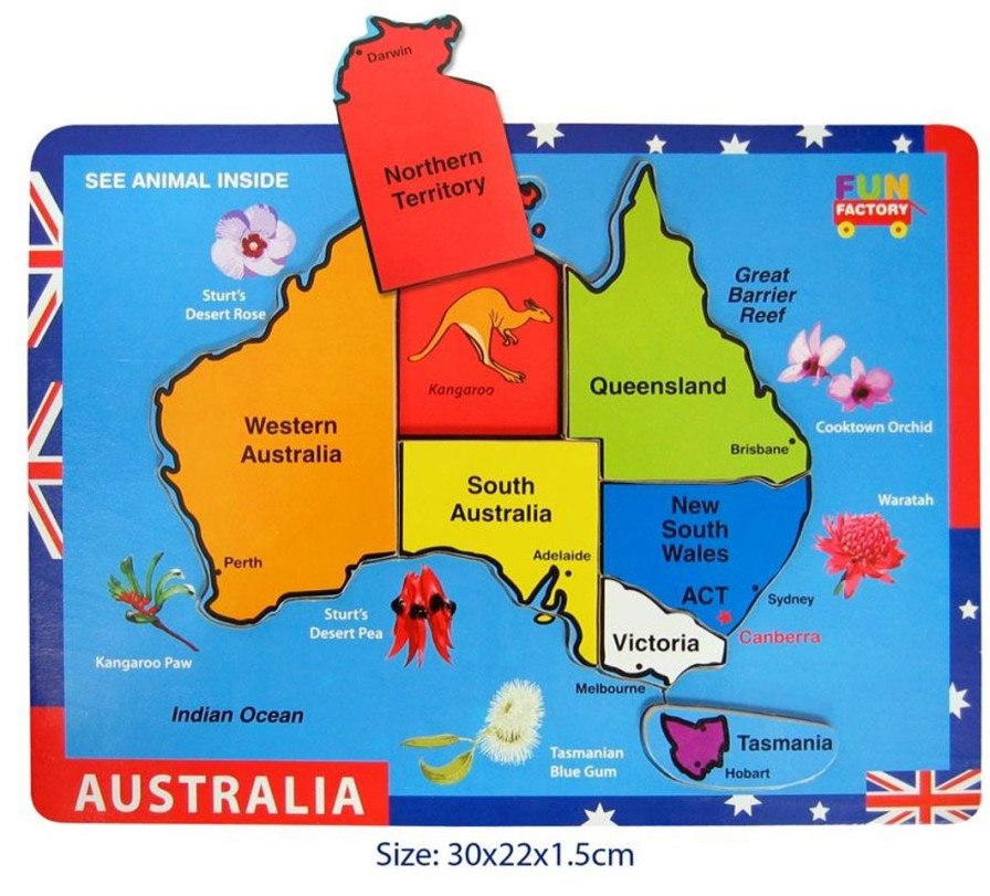 Wooden Toys Fun Factory Animals | Raised Colourful Map Of Australia Puzzle